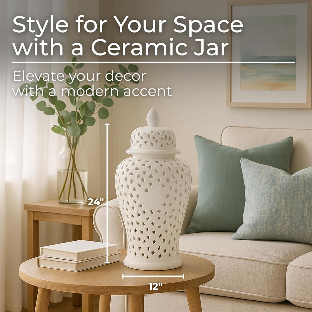 Pierced Lattice Ginger Jar with Lid - Hand-Painted Stoneware Ceramic Decorative Vase Decor - Modern Centerpiece