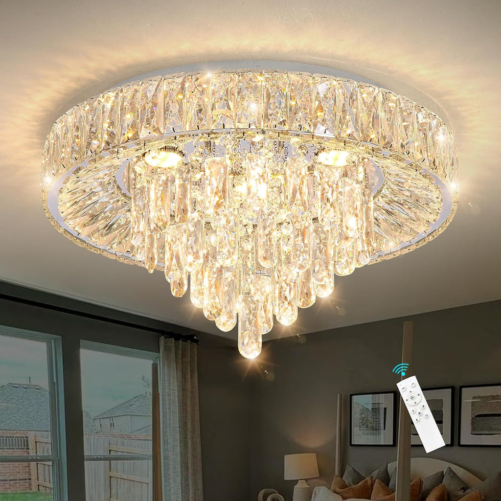 Modern Crystal Chandeliers for Dining Room LED Light Fixture Close to Ceiling Chandelier Flush Mount Ceiling Light