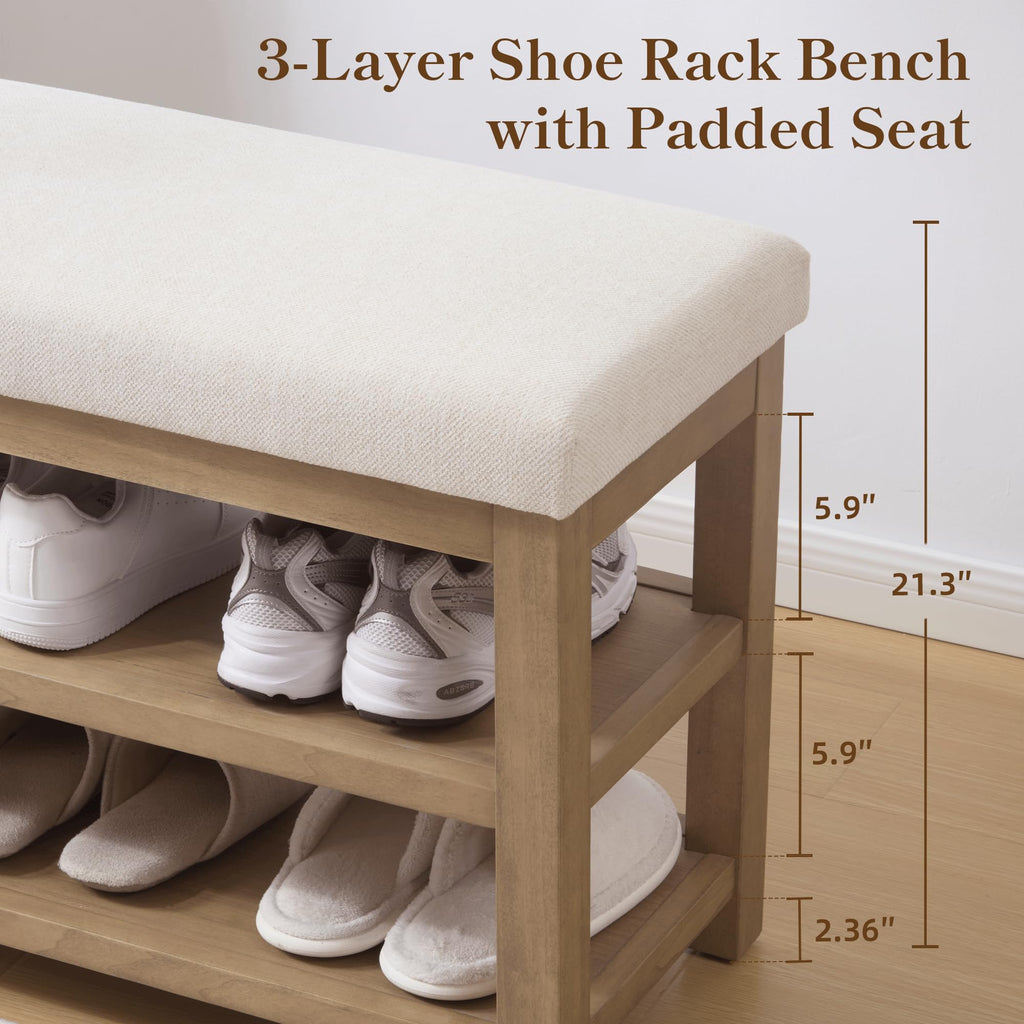 2 Tier Shoe Rack Bench with Cushion, Solid Wood Shoe Benches, Mid-Century Modern Shoe Storage Bench, Closet, Front