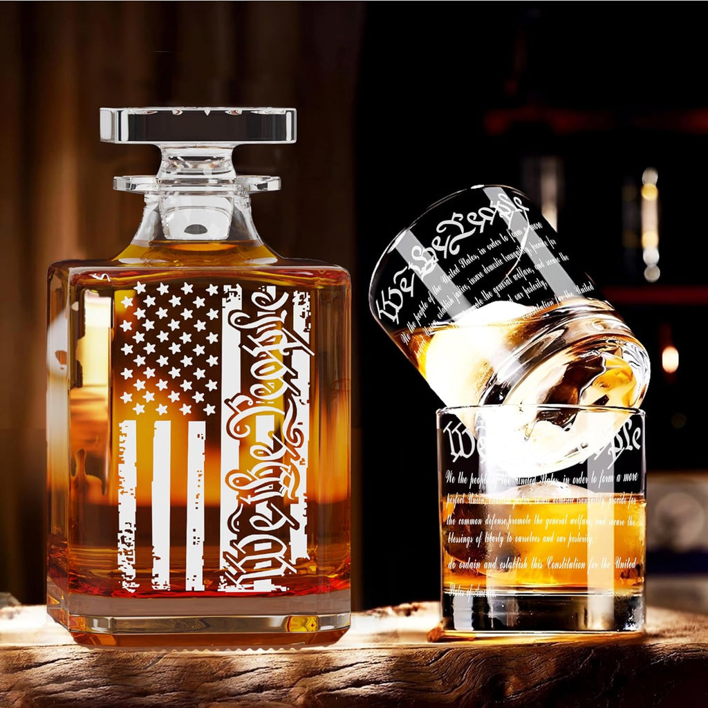Whiskey Decanter Engraved We The People American Flag Decanter Set with 2 Glasses for Liquor Scotch Bourbon or Wine