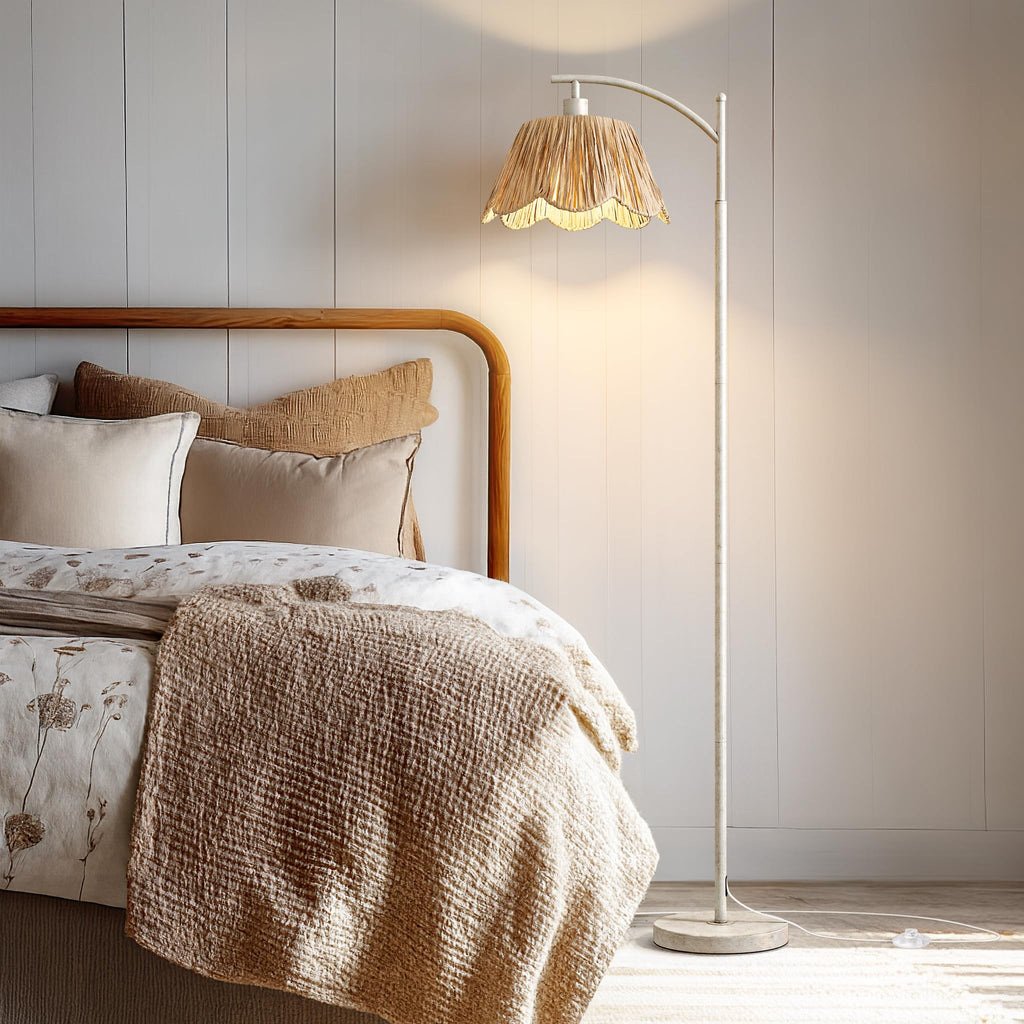 Rattan Floor Lamp with 3 Color Temperatures, Boho Floor Lamp with Remote & Dimmable Bulb, Farmhouse Standing Lamp for