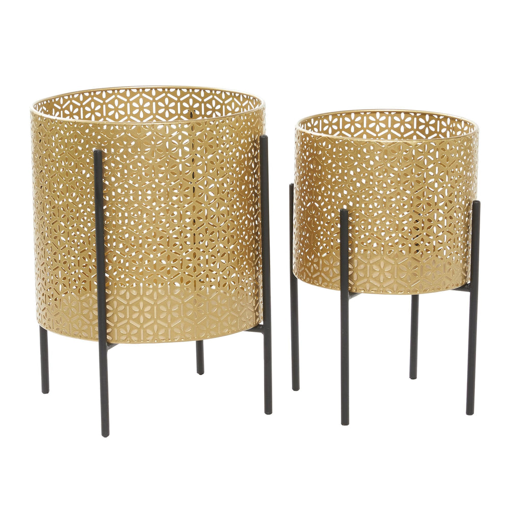 Metal Indoor Outdoor Planter Floral Cutout Small Planter Pot with Removable Stand, Set of 2 Planters 15", 14"H, Gold