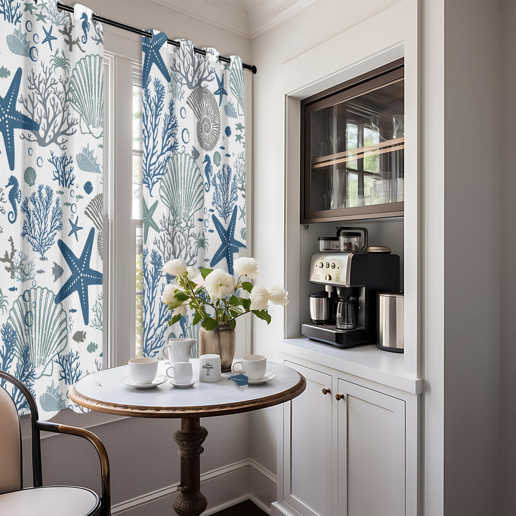 Coastal Curtains, Summer Beach Curtains for Windows, Blue Starfish Window Curtain Ocean Shell Nautical Curtain 42 x