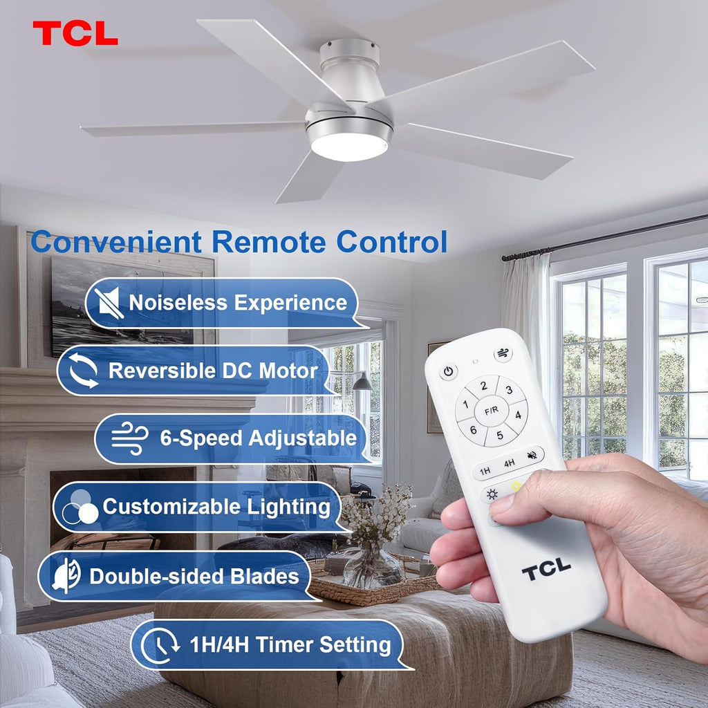 52" Ceiling Fan with Lights, Silver Flush Mount, 5 Blade Low Profile, 6 Speeds DC Reversible, Dimmable, Modern for Bedroom, Living Room and Garage A101-B0D4Z8Z927