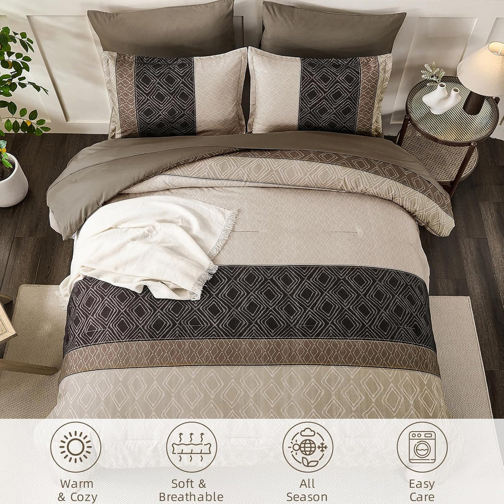 Dinjoy Boho Queen Comforter Set Light Brown,7 Piece Bed in a Bag Queen Warm Striped Bedding Sets with Plaid Fall