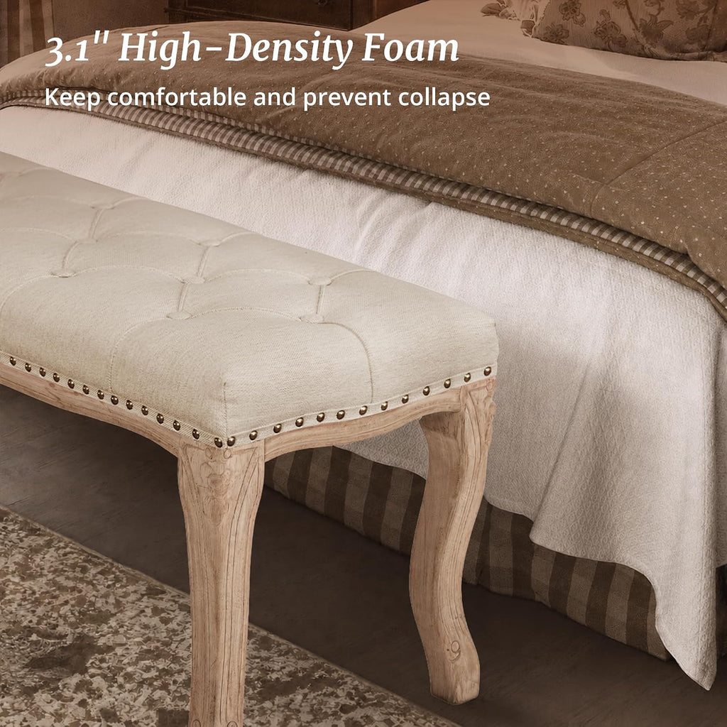 Bedroom Bench, French Vintage Tufted Entryway Bench, 45.2" Carving Upholstered End of Bed Bench with Distressed Wood