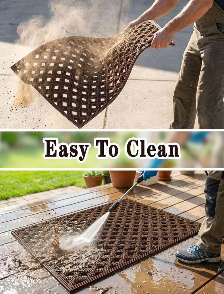 Outside Dirt Trapper Door Mat with Drainage 24"x36" Brown | Heavy Duty Rubber Welcome Mat, Waterproof Easy Clean,All