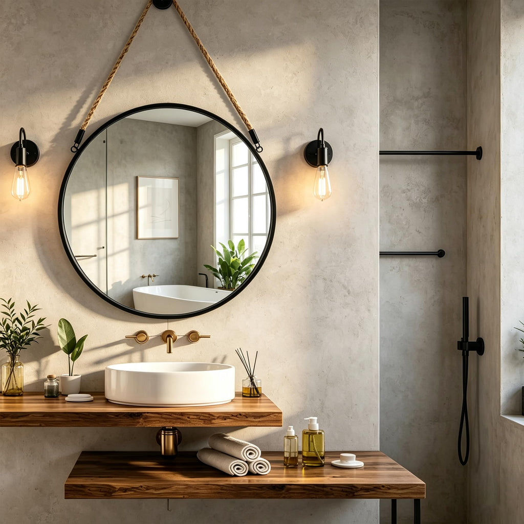 20" Round Wall Mirror with Jute Rope, Circle Hanging Mirror for Wall