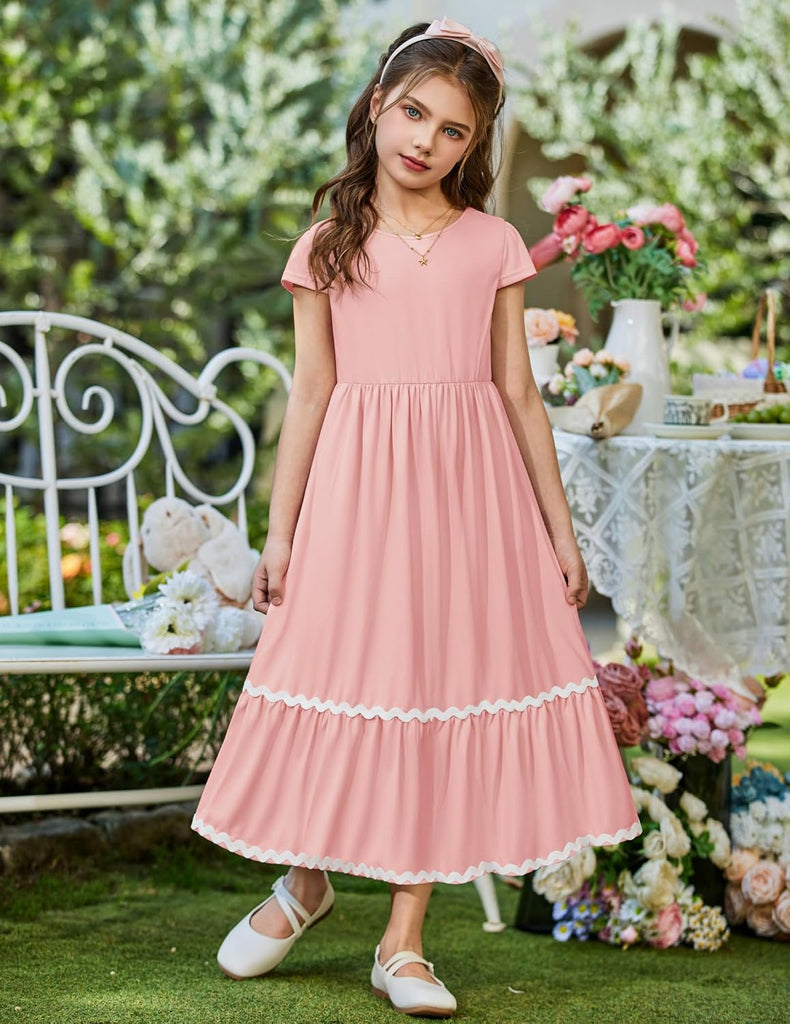 Girls Summer Maxi Dresses Short Sleeve Casual Flowy Tiered Dress