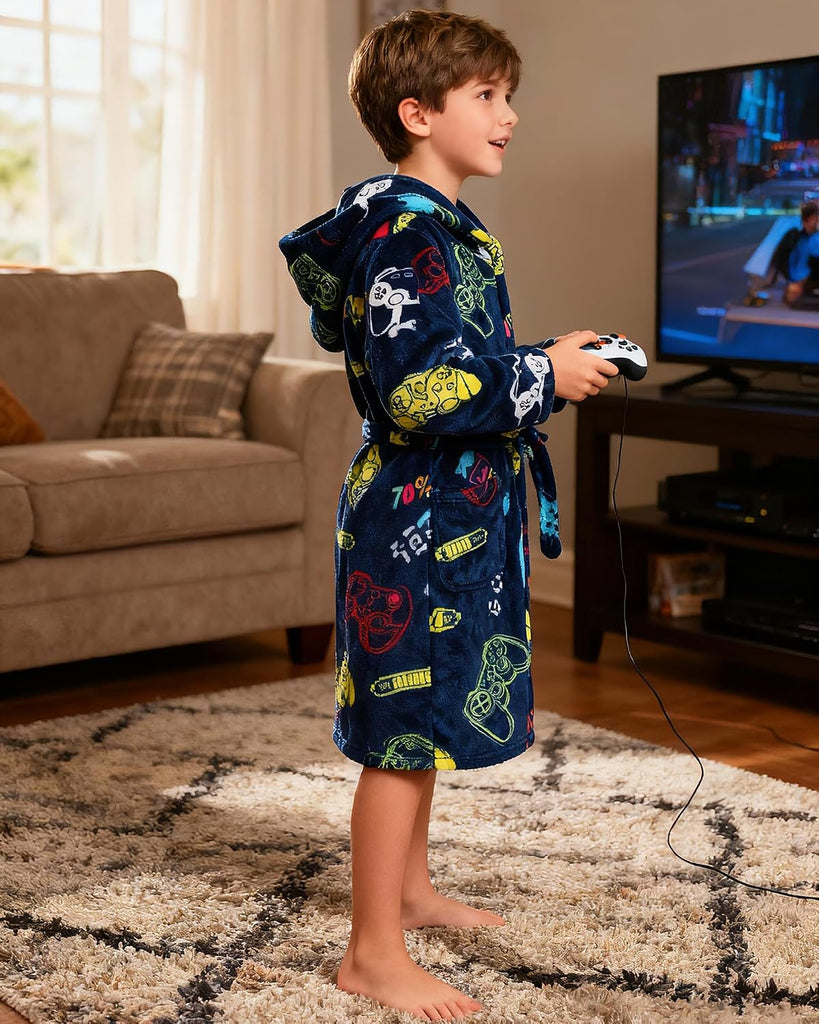 Kids Toddler Boys Girls Fleece Robe Soft Hooded Bathrobe Pajamas Sleepwear