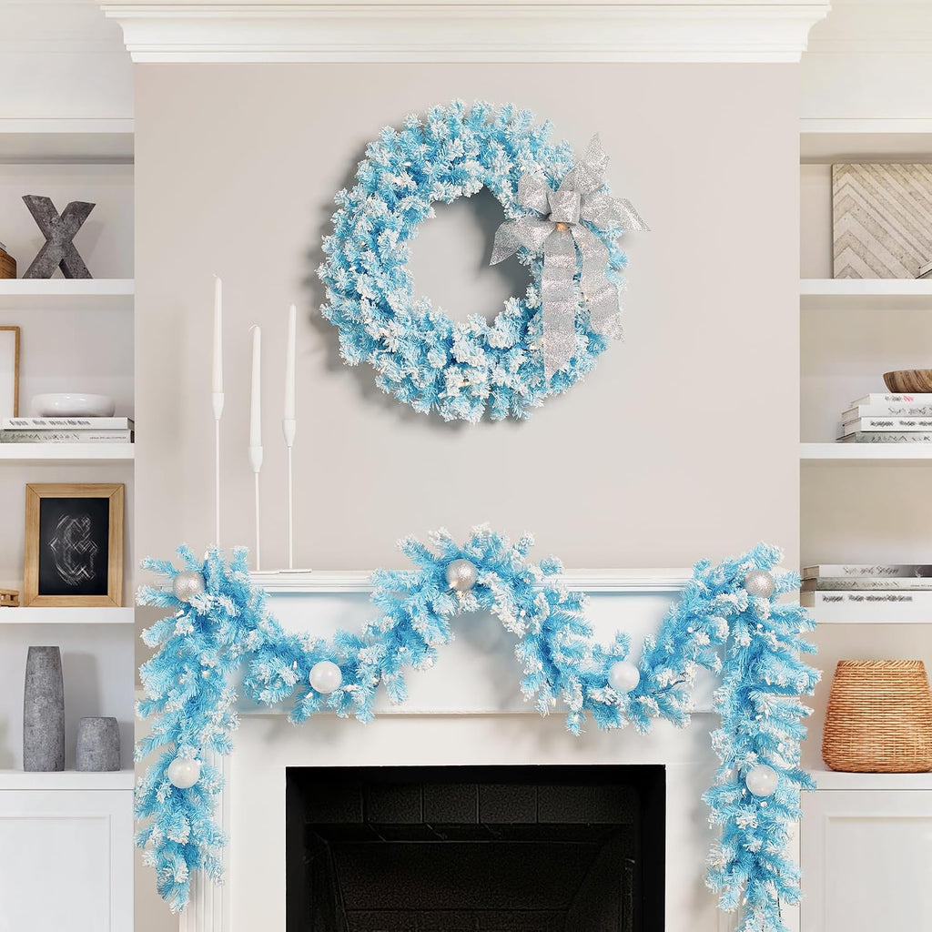 Flocked Pine Artificial Christmas Wreath 24" Blue Clear Lights
