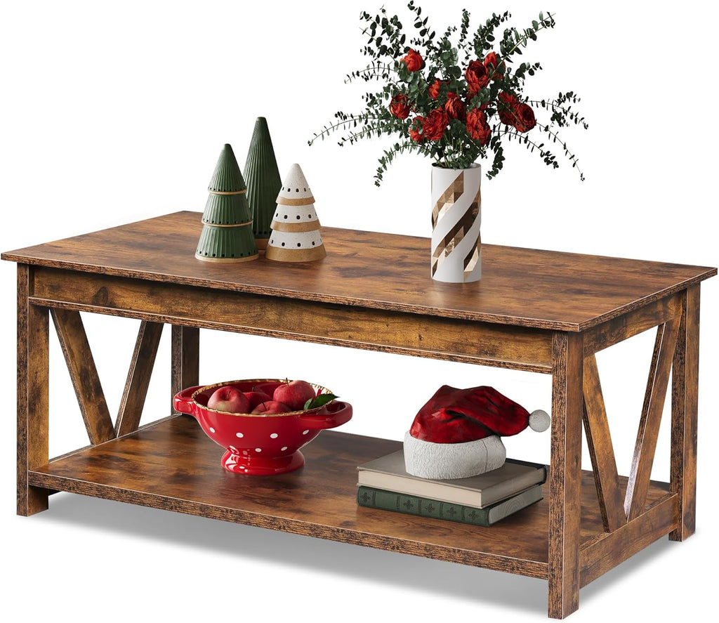 Coffee Table, 43" Farmhouse Coffee Table with Storage Shelf & Sturdy V-Shaped Support, Wood Center Table and Balco...