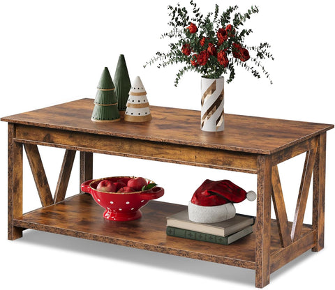 Coffee Table, 43" Farmhouse Coffee Table with Storage Shelf & Sturdy V-Shaped Support, Wood Center Table and Balco...