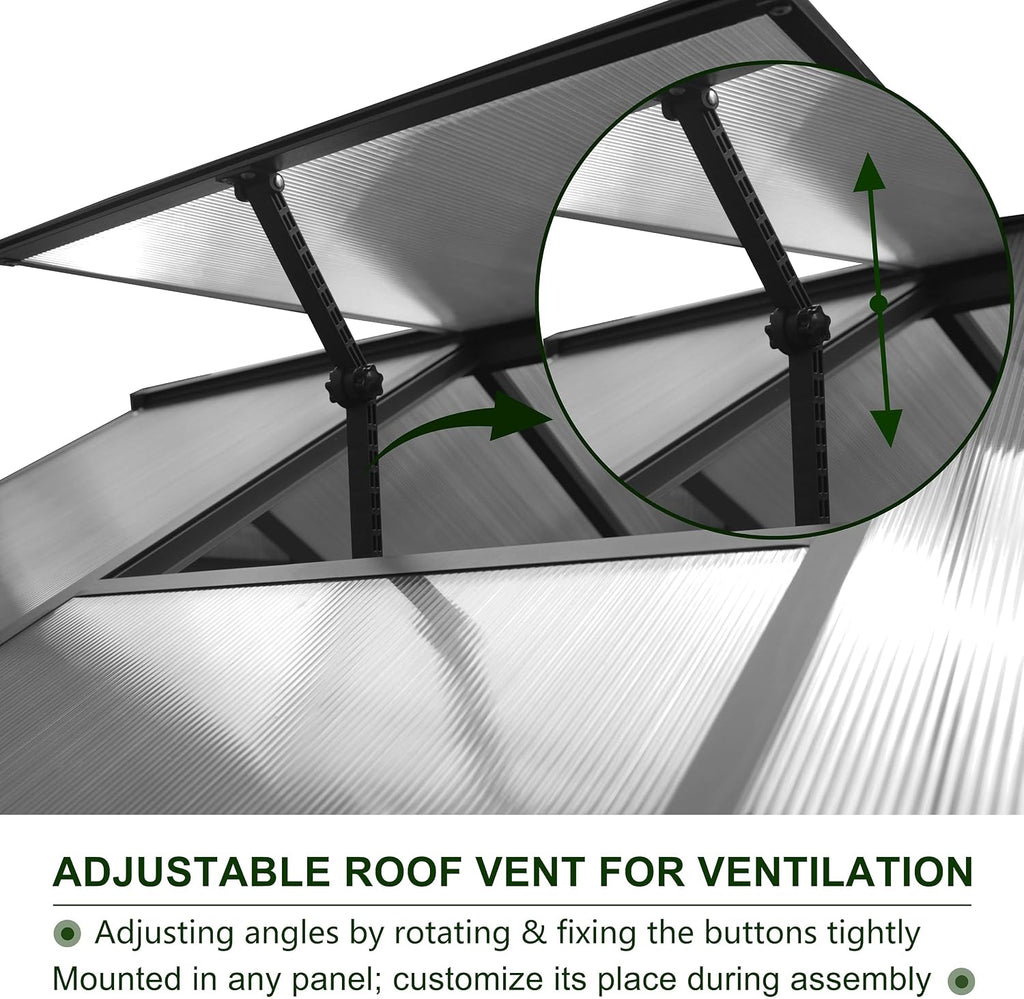 8x8 FT Outdoor Greenhouse Kit, Polycarbonate Aluminum Walk-in Greenhouse with Adjustable Roof Vent and Lockable Door