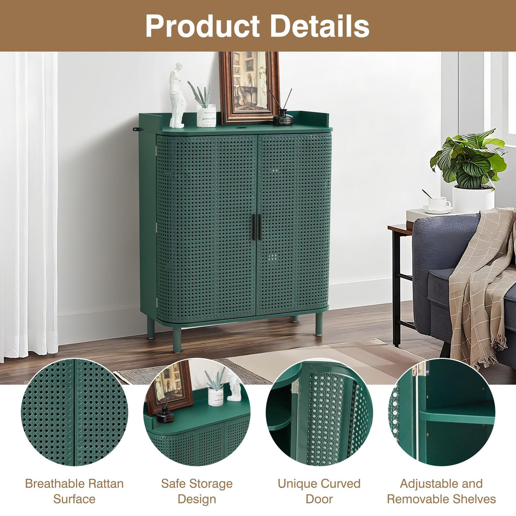 Shoe Cabinet, 5 Tier Boho Wooden Shoe Storage Organizer Cabinet with Adjustable Shelves, Shoes Rack with Iron Rattan