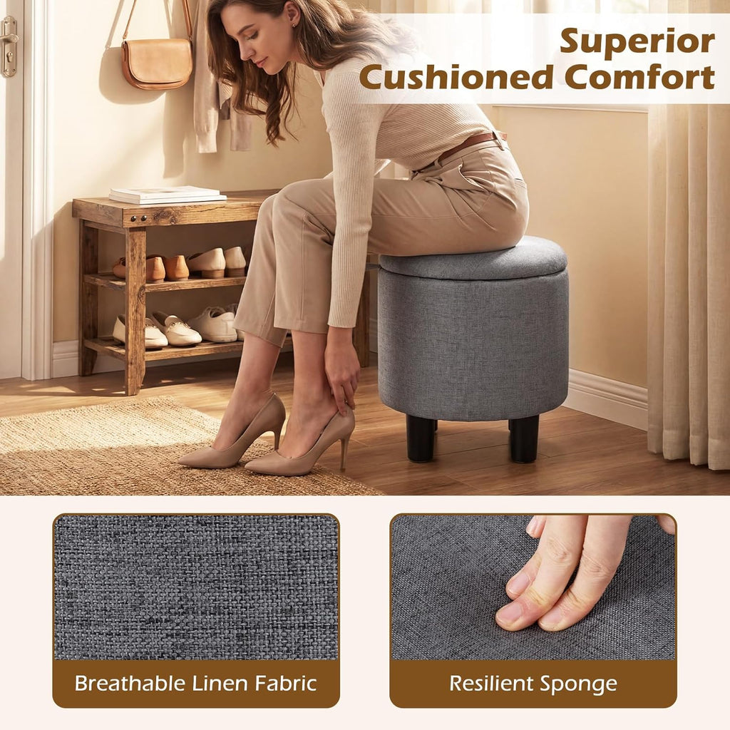 Linen Fabric Round Storage Ottoman with Removable Lid, Gray | Upholstered Ottoman Foot Rest, Small Ottoman Foot Stool