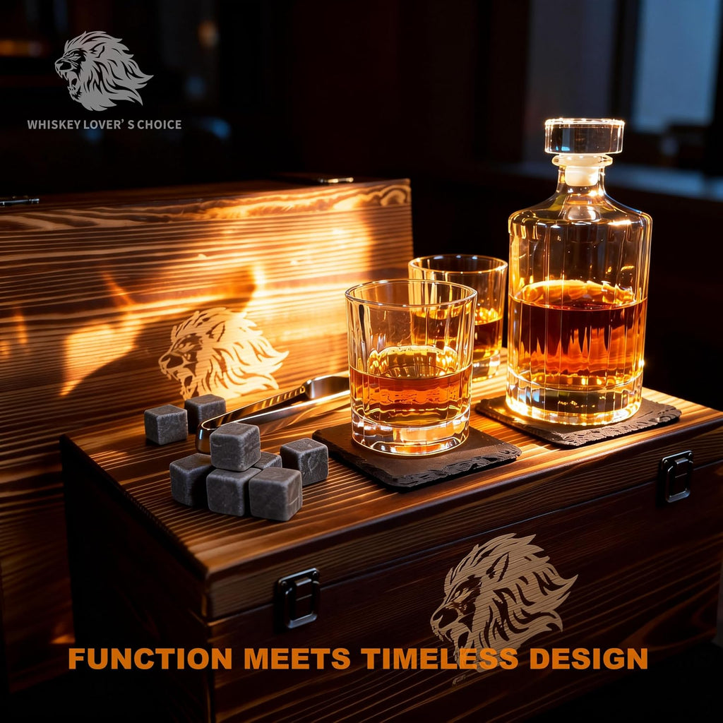 17-Piece Whiskey Decanter Set, 17oz Lead-Free Crystal with Flat Panel for Labels, 2 Glasses, 9 Granite Stones - Set of 16