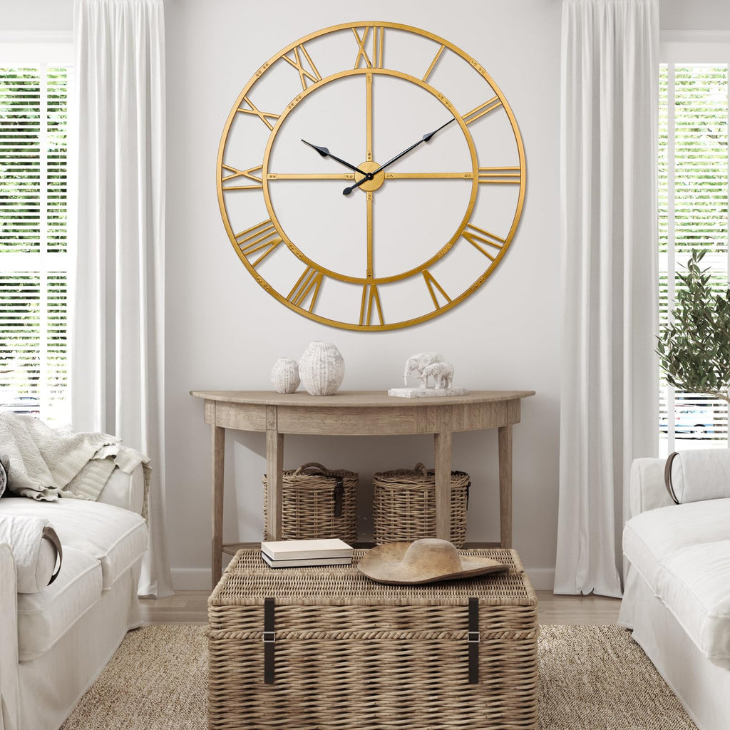 32 Inch Large Silent Wall Clock, Easy Assembly Roman Numeral Gold