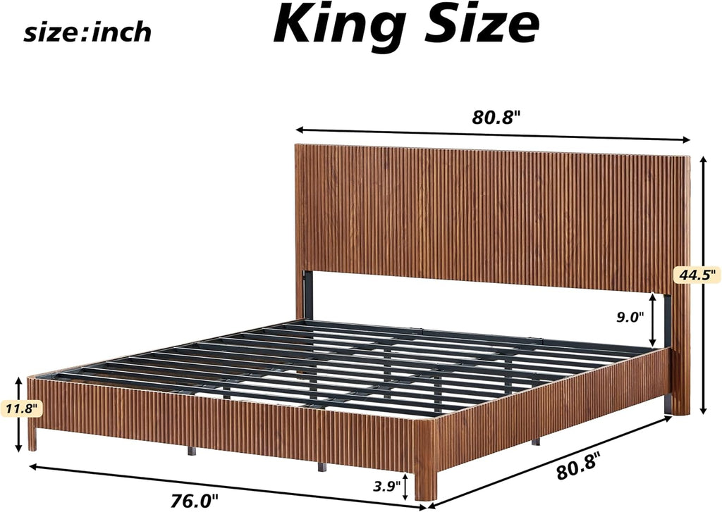 Wood Bed Frame with Headboard, Modern Retro Walnut Platform Beds Frames, Mid Century Rustic Wooden Bedroom
