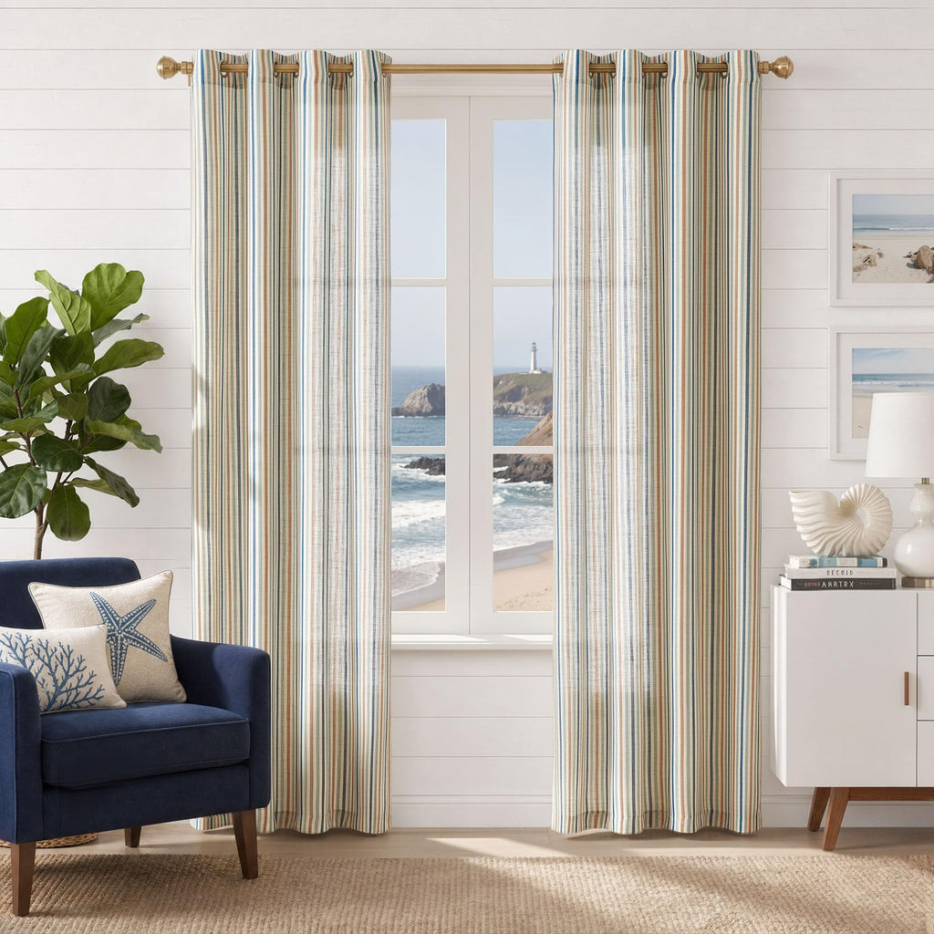 Linen Curtains 84" Ocean Stripe Pattern on Linen Grommet 2 Panels