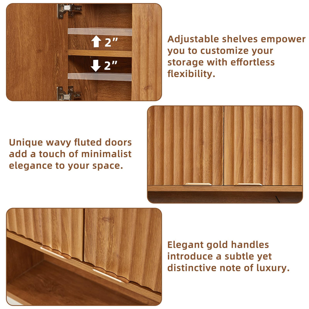 Retro Fluted Bathroom Wall Cabinet, Wall-Mounted Medicine Cabinet