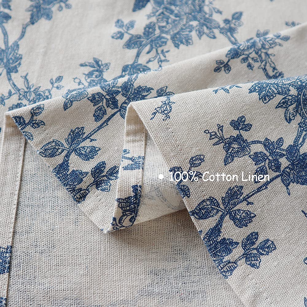 Cotton Linen Rectangle Tablecloth, Blue Floral Table Cloth 55"×71"