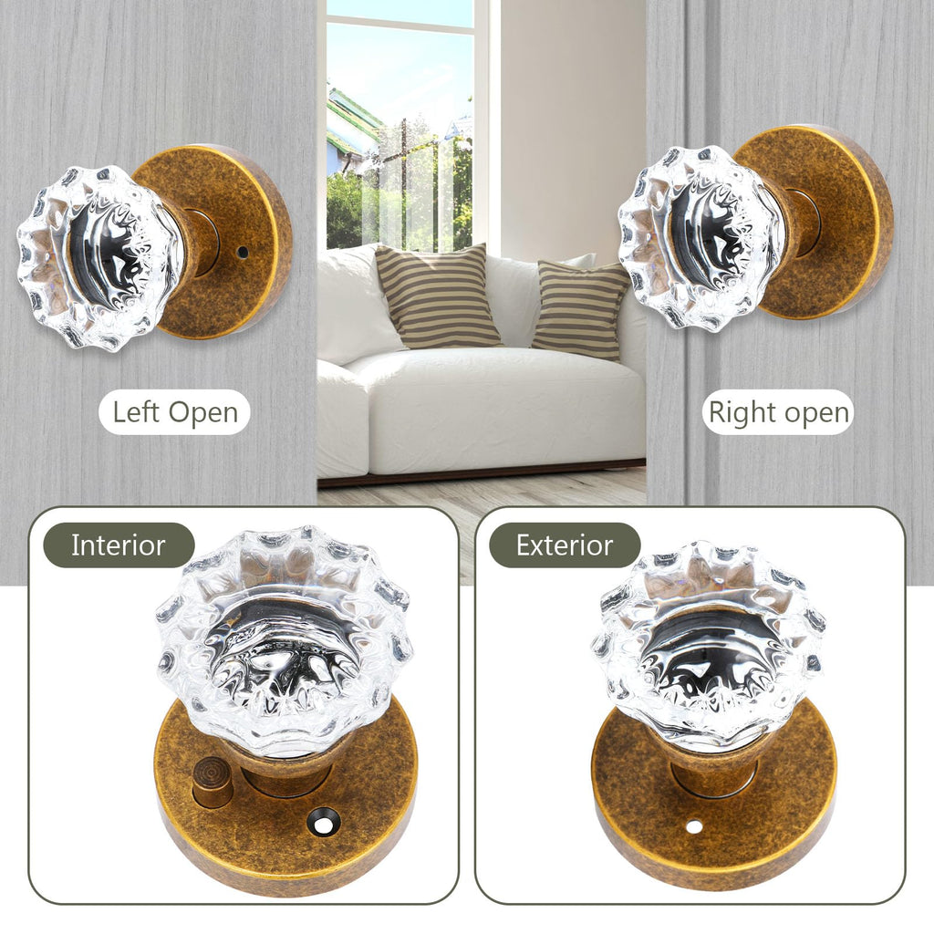 Vintage Crystal Glass Door Knobs (Aged Brass, Privacy)