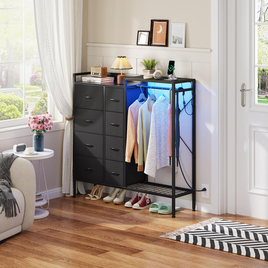 8-Drawer Dresser with Hanging Rack, Black, 11.8" D