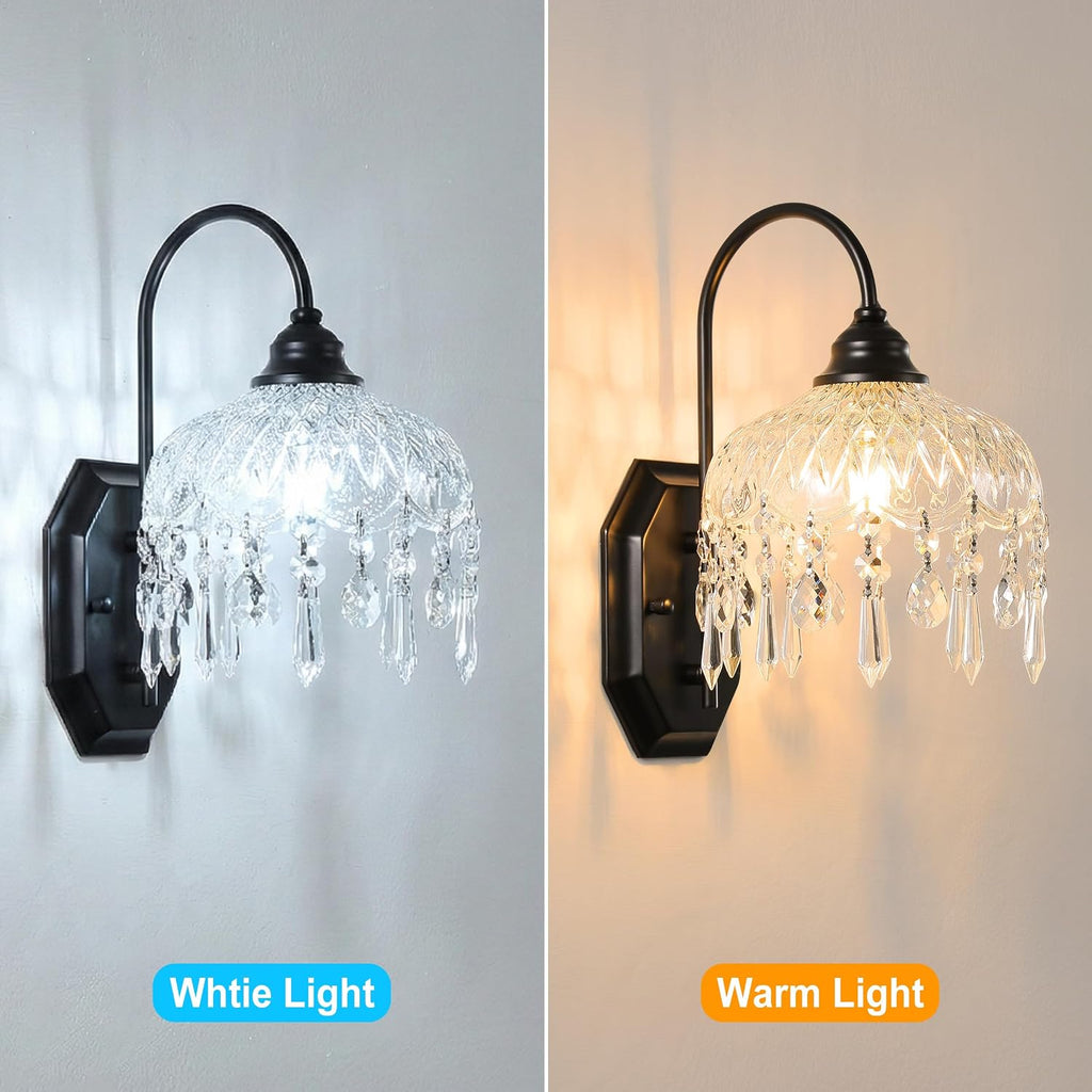 2-Pack Vintage Glass Crystal Wall Sconce, Matte Antique Black Finish, for Bedroom Bathroom Hallway Living Room