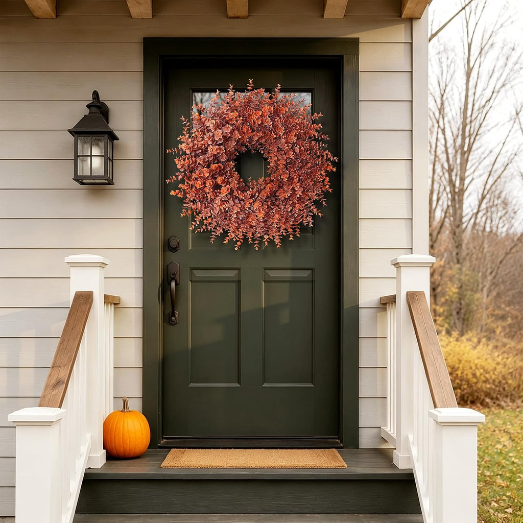 26" Artificial Fall Eucalyptus Wreath for Front Door Decoration (Orange)