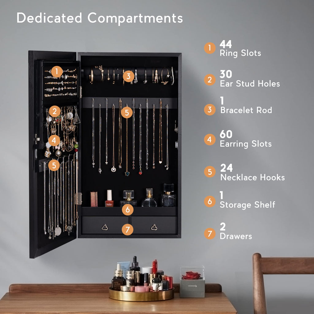 Lockable Jewelry Cabinet Armoire with LED Lighted Mirror - Black