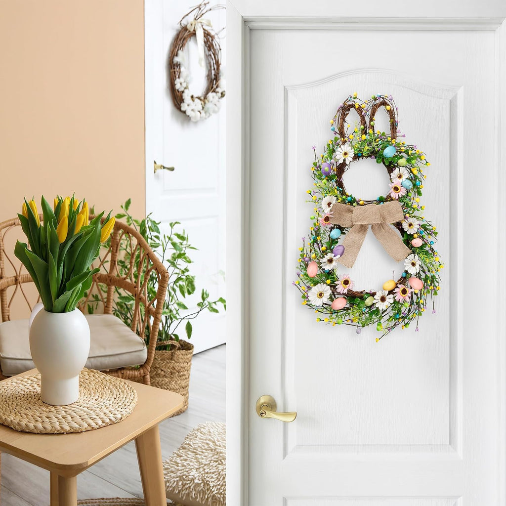 25 Inch Easter Bunny Shaped Artificial Flower Wreath with Colorful Berries Daisies Greenery Bow Knot for Front Door