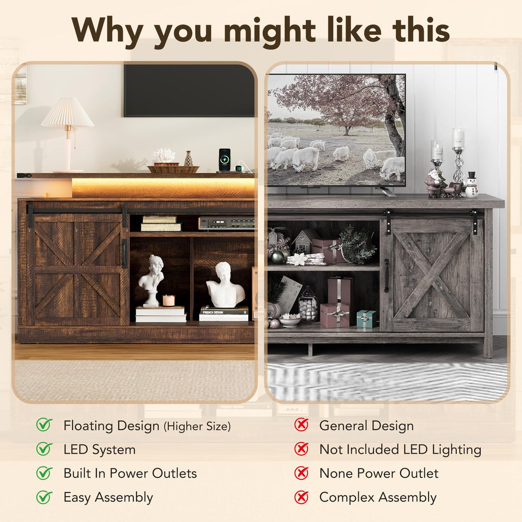 81" Farmhouse TV Stand with Power Outlets and LED Light, Extra Tall Entertainment Center with Sliding Barn Door for