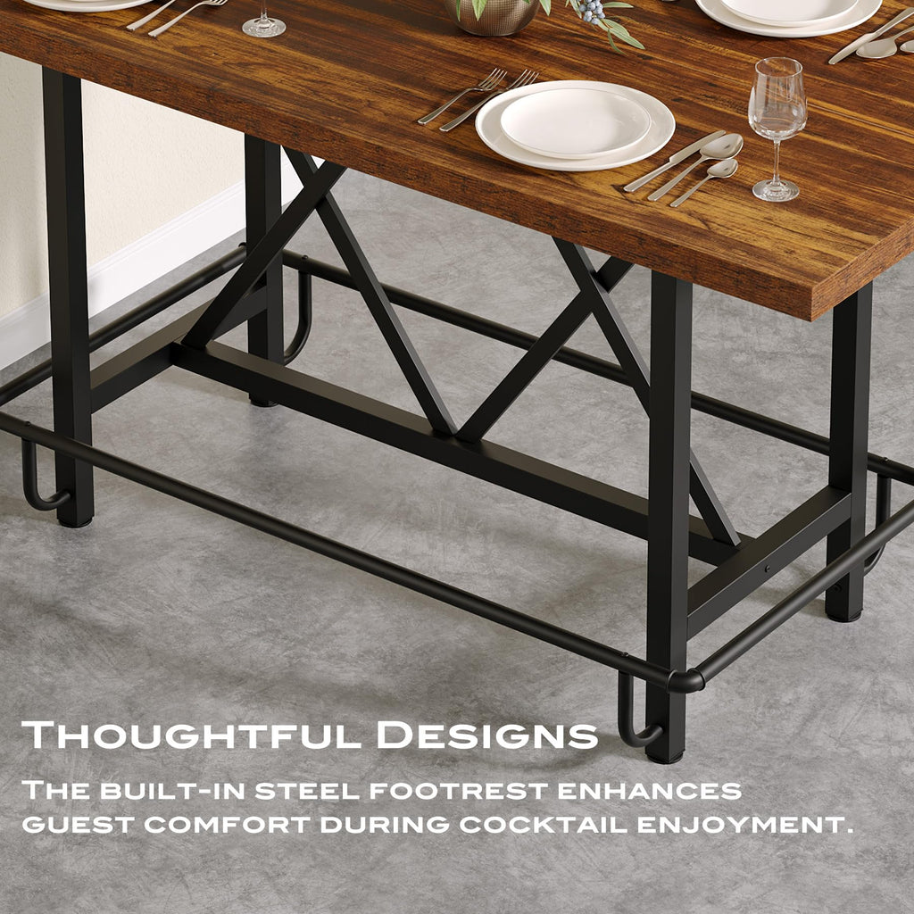 63-Inch Counter Height Bar Table with Metal Footrest (Brown)