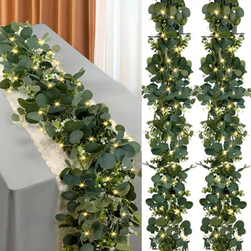 Eucalyptus Garland with Lights, 2 Packs 6FT Green Flower Garland Decor, Artificial Faux Eucalyptus Leaves Greenery - Set of 2