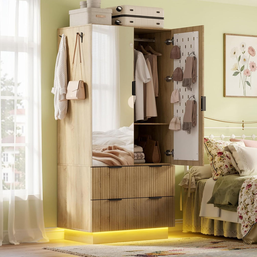 6 Doors Armoire Wardrobe Closet, 94.5"W Armoire with 3 Pegboards | Armoires and Wardrobes with 6 Drawers, 3 Mirrors