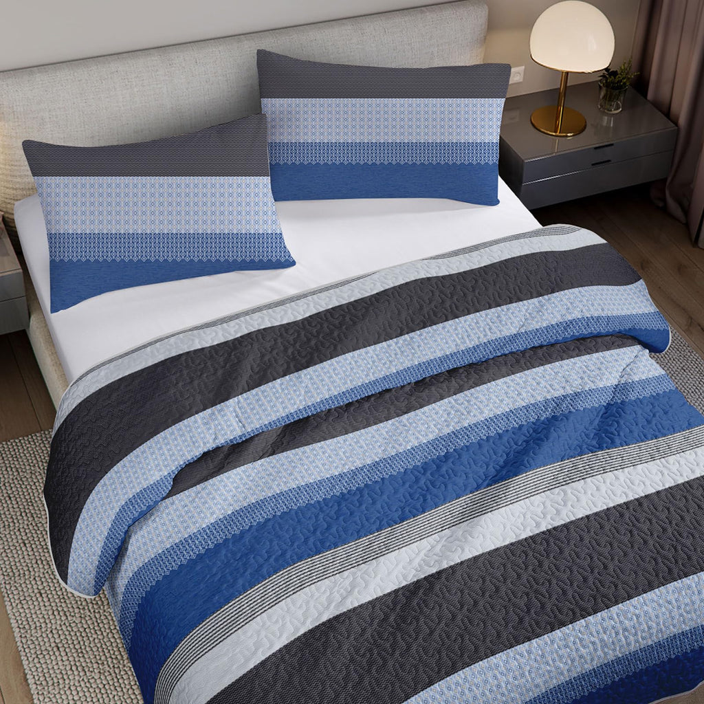 Grey and Blue Stripe Quilt Set, Grey Blue Boho Geometric Bedspread, 3 Pieces Patchwork Stripes Bed Cover