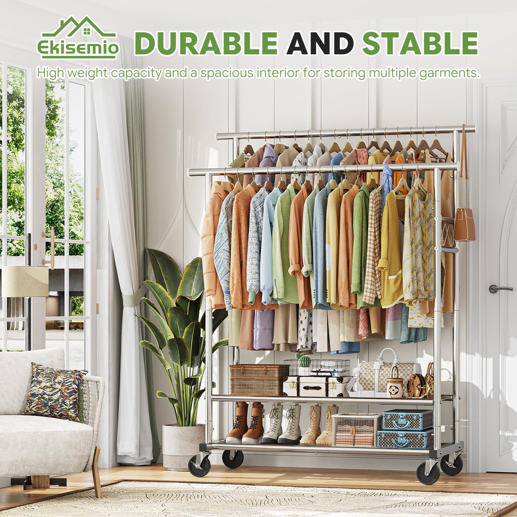Heavy Duty Clothes Rack, Rolling Clothing Rack for Hanging Clothes Load 650 LBS with 2 Sturdy Shelves, Garment Rack