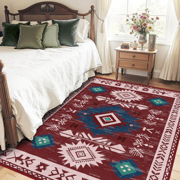 Western Rugs Non Slip, Southwestern Area Rugs Kitchen Bedroom Nursery, Washable Rubber Backing, Aztec Red