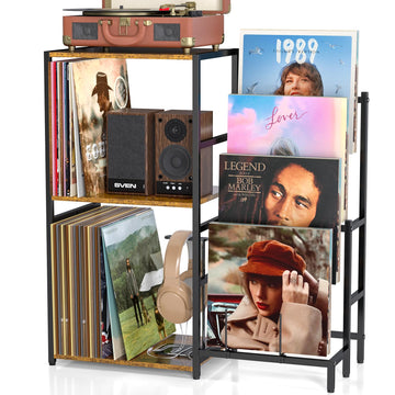 Record Player Stand, Turntable Stand with 4-Tier Vinyl Record Storage, Record Player Table Storage up to 200+ Albums