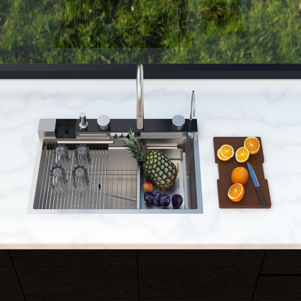 Drop Sink Smart Waterfall Workstation Kitchen Sink 31.5 x 17.7 Inch 16 Guage Stainless Steel Single Bowl