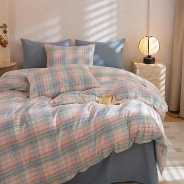 Blush Blue Plaid Comforter Set Gingham Grid 3 Pieces Vintage Checkered Pattern Comforter Buffalo Plaid