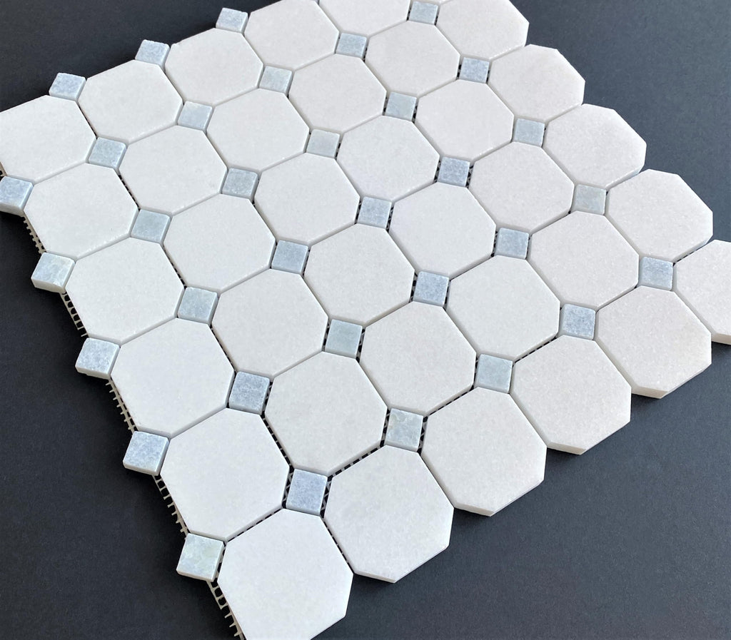 Of Thassos White Octagon and Blue Celeste Dot Marble Mosaic Wall and Floor Tile Backsplash, Bathroom