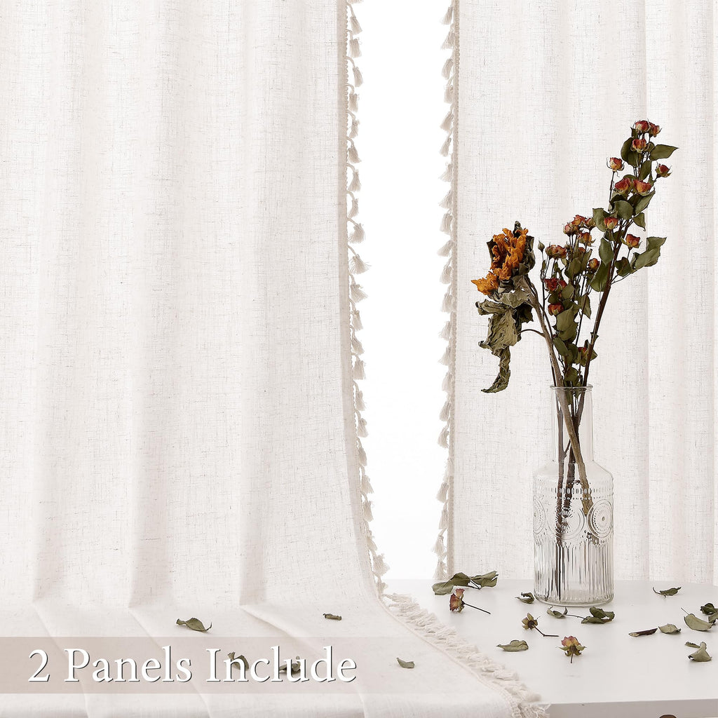 Natural Boho Linen Curtains 84 Inches Long 2 Panels Cream Beige Semi Sheer Curtain Tassel Rod Pocket Back Tab Light