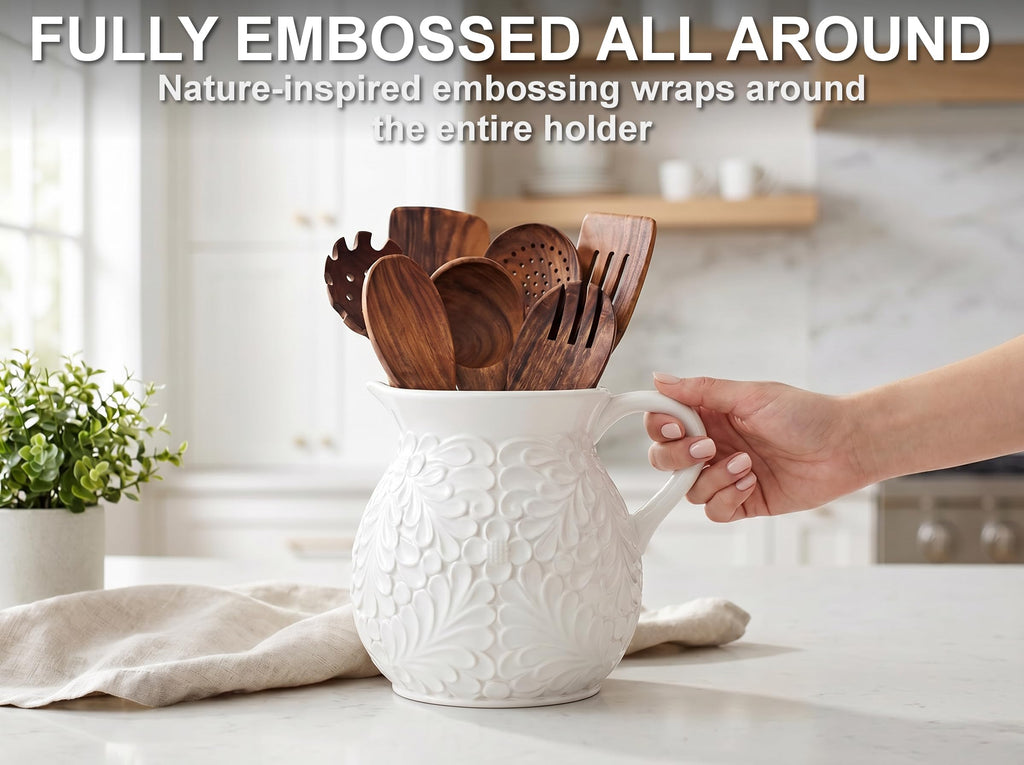 Ceramic Vase & Utensil Holder, 7.9-Inch Large Embossed Farmhouse Crock