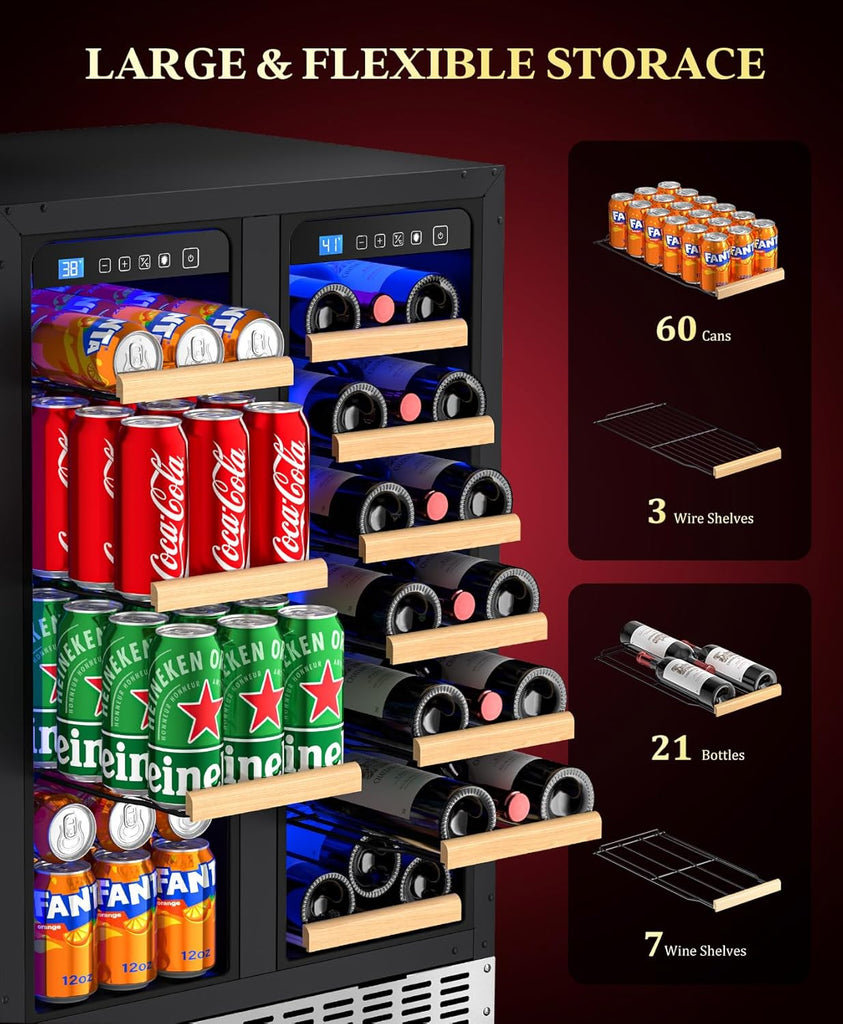 60 Cans 24" Dual Zone Wine & Beverage Refrigerator - Under Counter Cooler with U