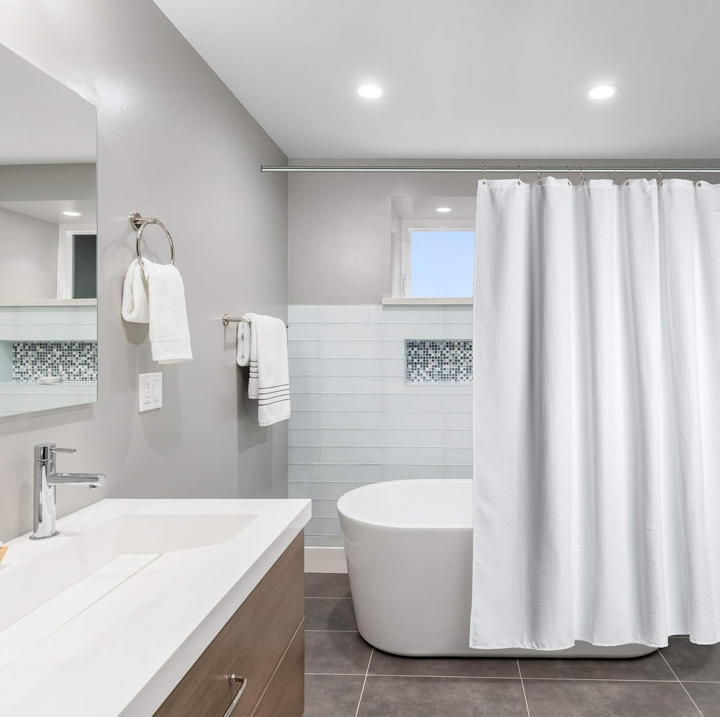 White Fabric Shower Curtain 72x72 - Waffle Weave Bathroom Curtain, Water Repellent Hotel Spa Quality, Heavy Duty 230