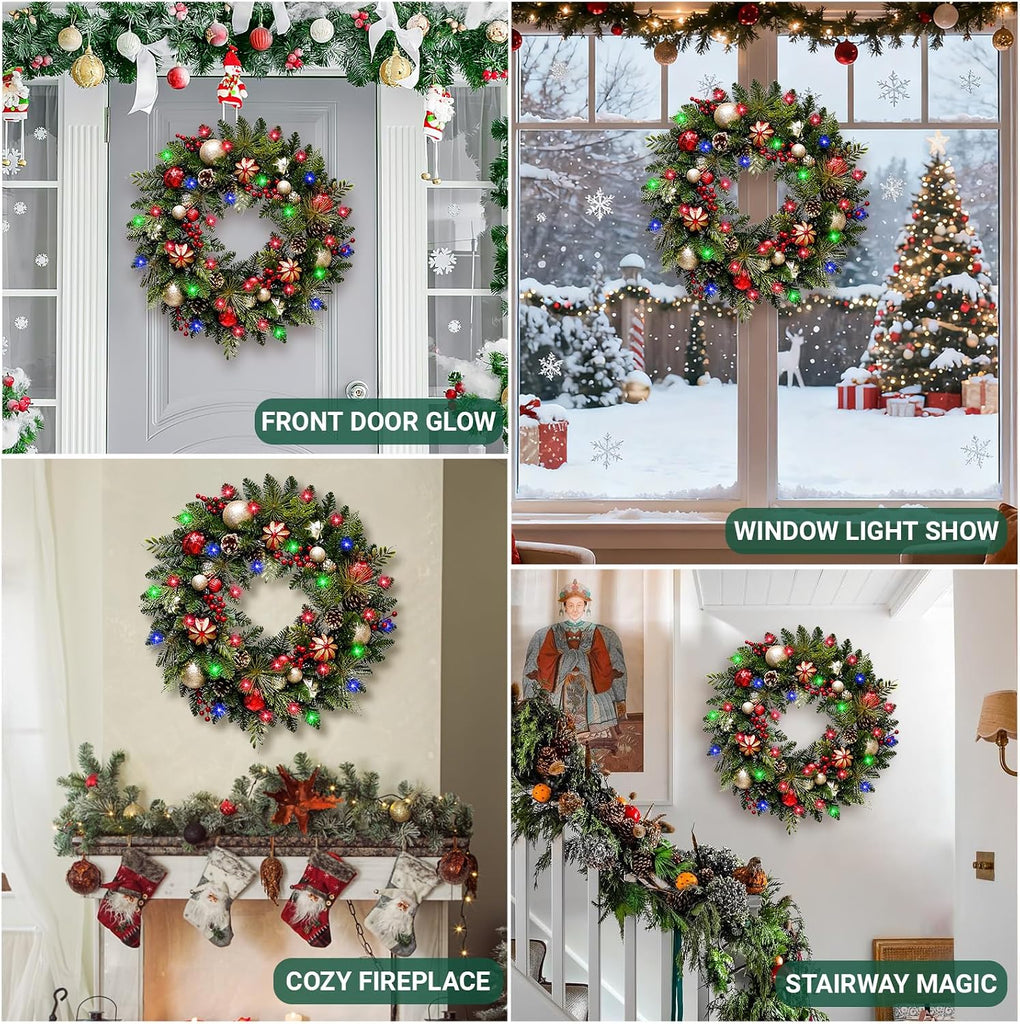Lighted Christmas Wreath 28'' Artificial with 30 LED Multi-Color