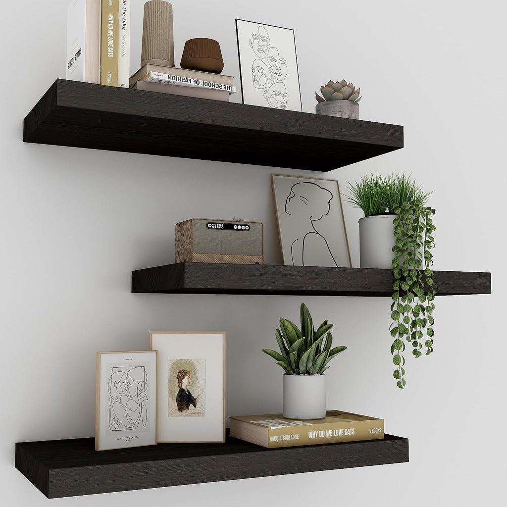 Floating Shelves for Wall Set of 3, 16 Inch Black Floating Shelves Bedroom | Smooth Black Finish, Engineered Wood