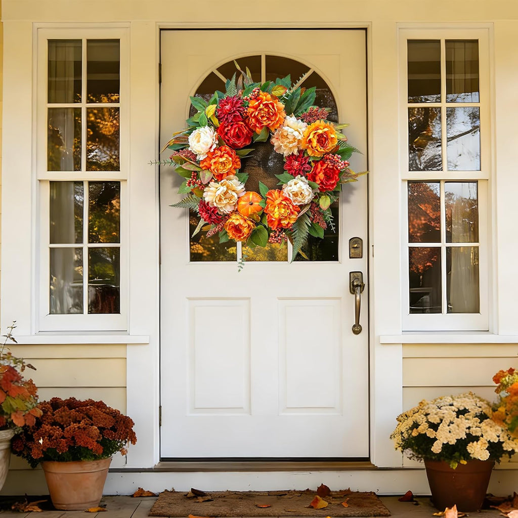 24 InchFall Wreaths for Front Door Autumn Wreath with Peony, Pumpkins